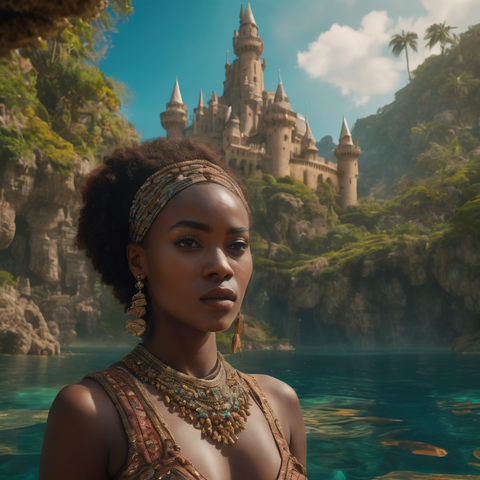 Fantasy world with a castle and a woman in front.